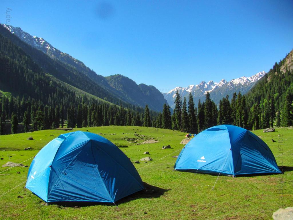 帕哈尔加姆Kashmir Outlook Adventures的两顶蓝色帐篷,位于山地的田野上