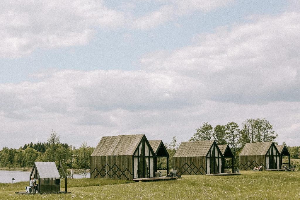 SkaistaPazust Latgalē Country Houses的一群绿色建筑在田野里