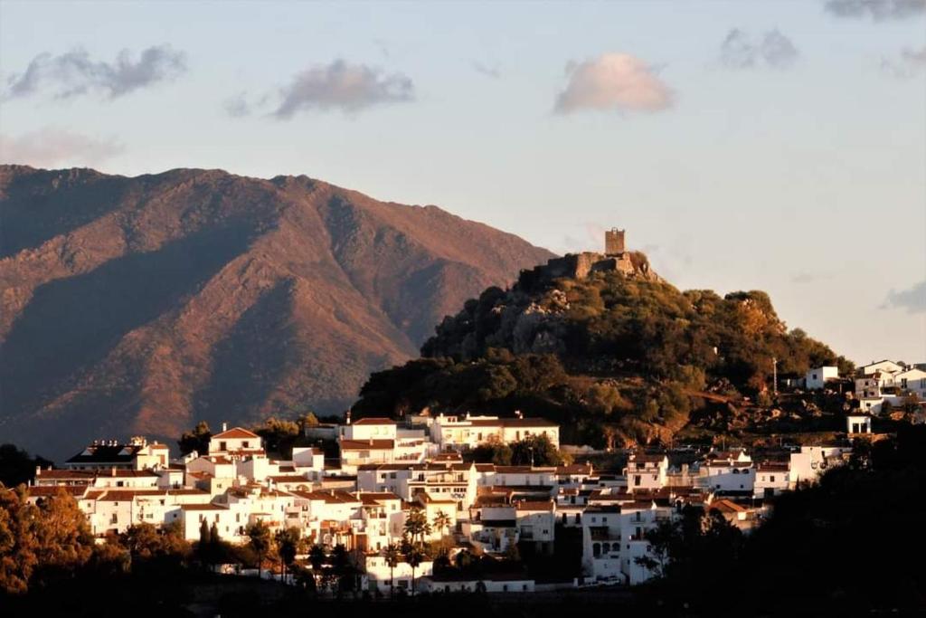 高辛CASA RURAL SIERRAS DE GAUCIN的山丘上的小镇,以山丘为背景