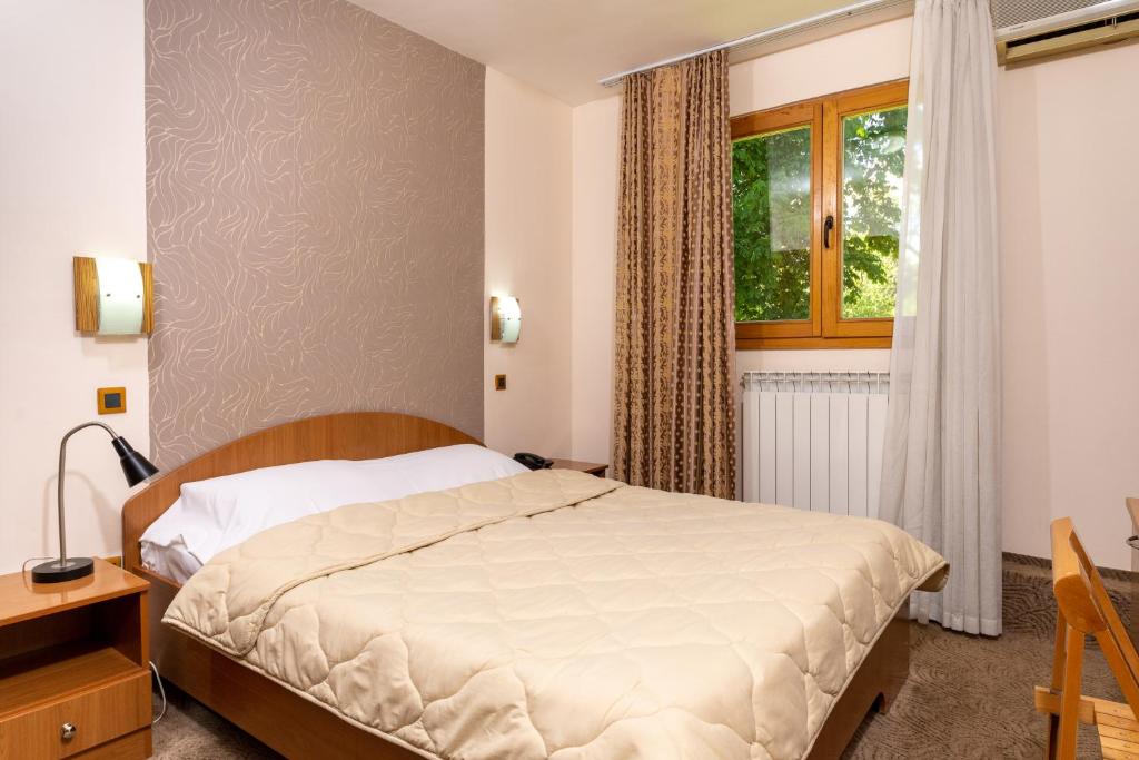 斯科普里卡内特酒店的一间卧室设有一张床和一个窗口