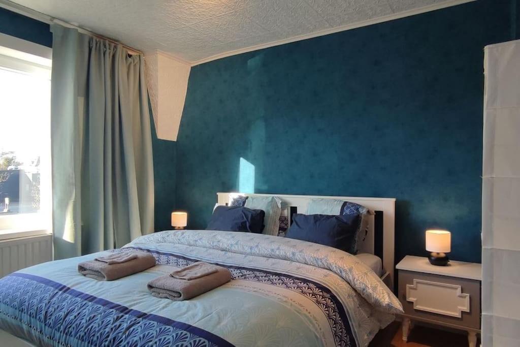 德帕内Kind -& diervriendelijk huisje的一间卧室配有一张带蓝色墙壁的大床