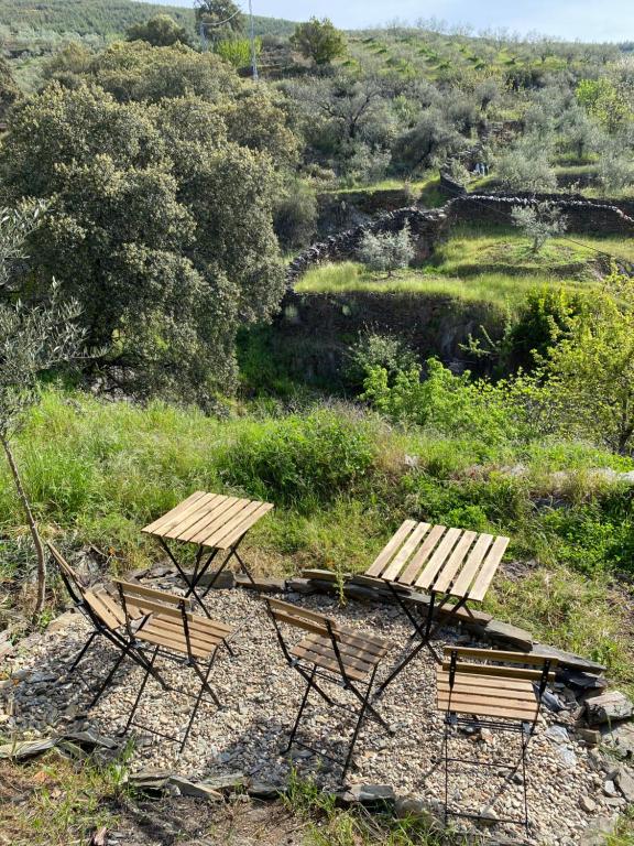 CaminomoriscoCasas Rurales Prunus avium的两把野餐桌和椅子坐在山顶上