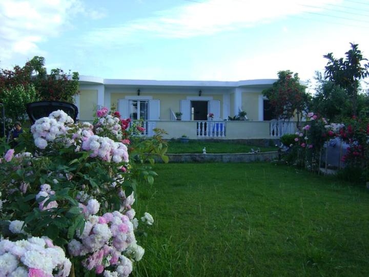 基普塞利Zante Summer Retreats - Marietta's Apartment2 Drosia的院子里有粉红色和白色花的房子