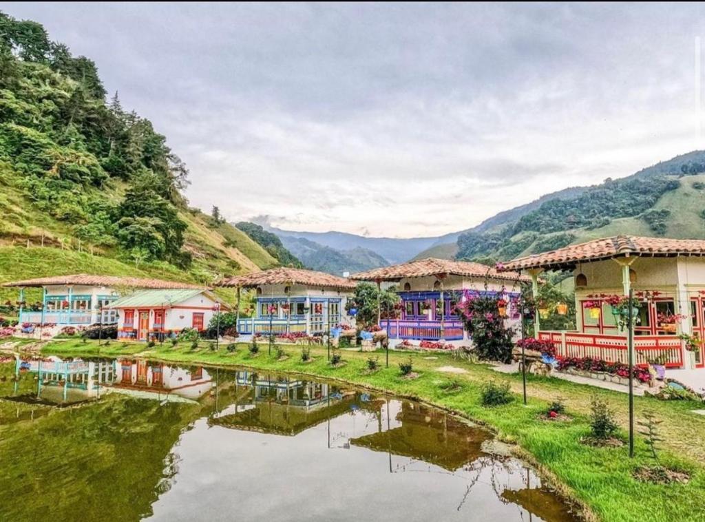 贾丁Hotel Lago Valdivia的山 ⁇ 旁的村庄