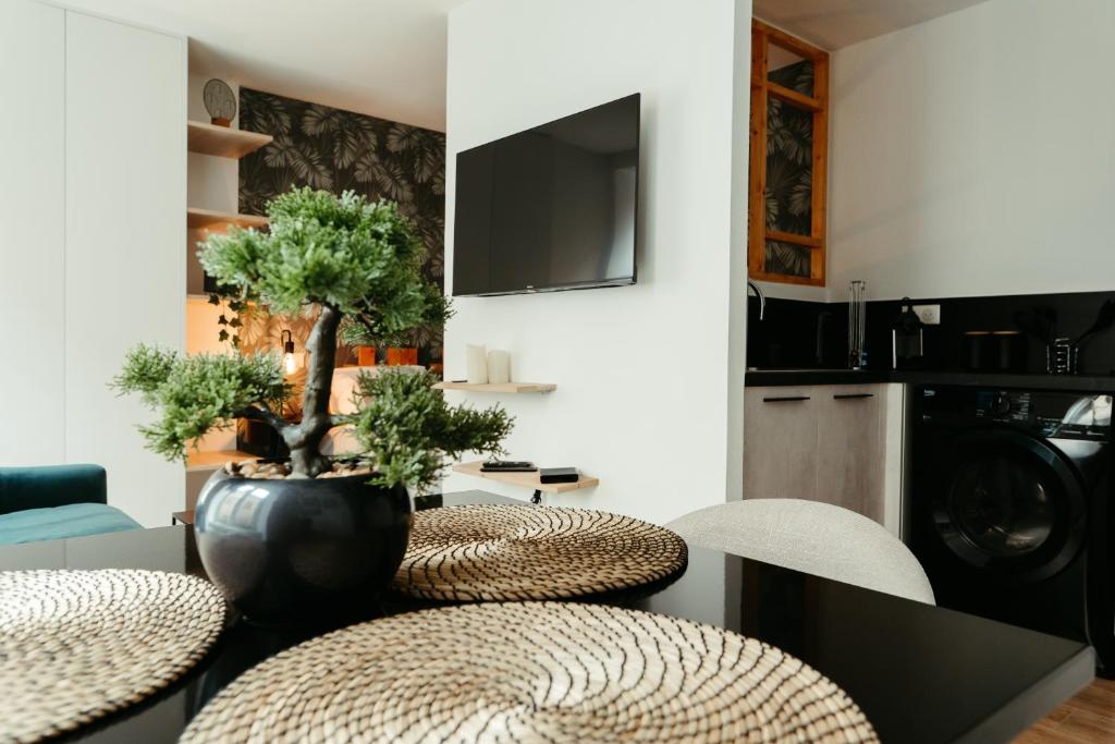 米卢斯La DOLCE Villetta - appartement de Standing的客厅配有桌椅和电视。