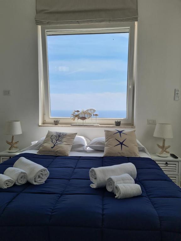 卡普里Casa Leucosia Suites的蓝色的床,窗户前有毛巾