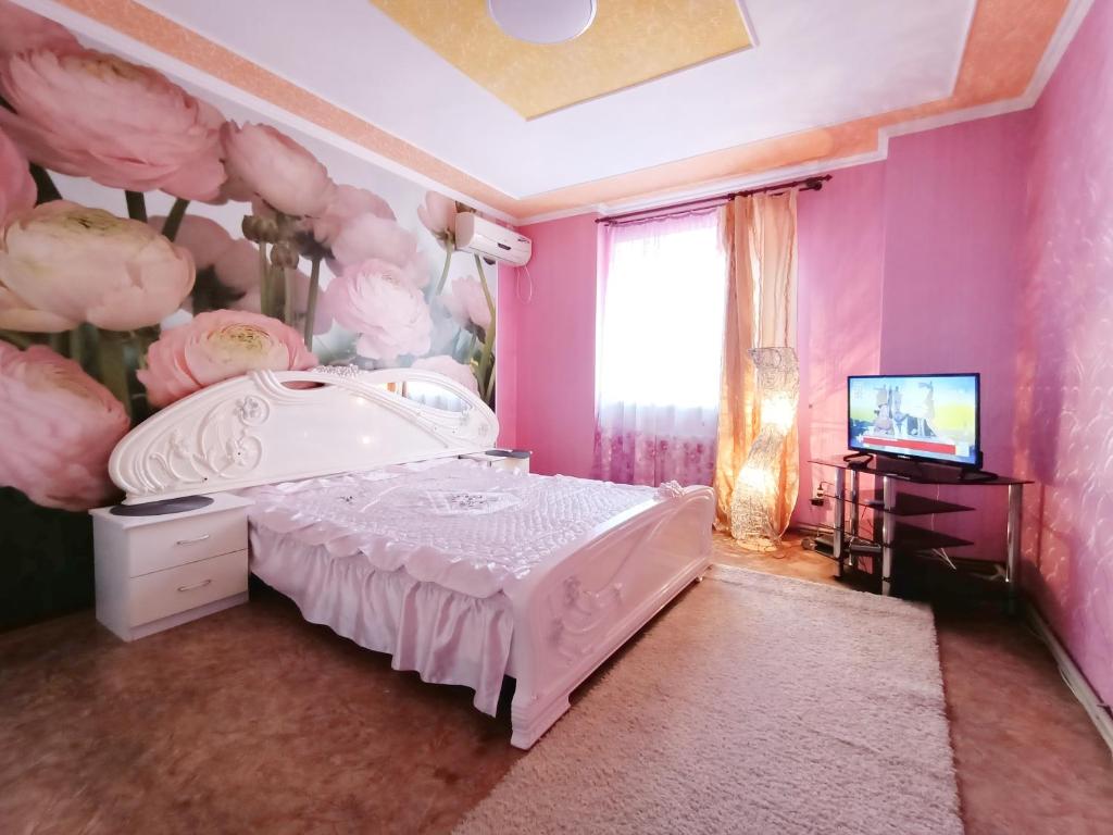 克洛佩夫尼茨基Шевченко 1的卧室设有粉红色的墙壁、一张床和电视
