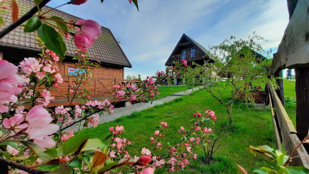 米沃姆温Cichosza Miłomłyn的一座花园,在一座建筑前方种有粉红色花卉