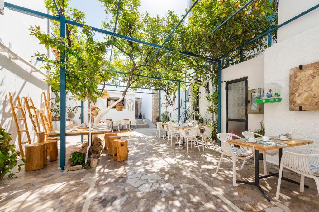 罗德镇莱夫卡公寓酒店的庭院配有桌椅和树木