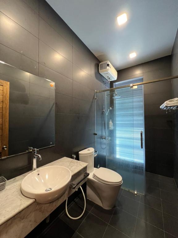 头顿Nancy Grand Vung Tau Villa的浴室配有卫生间、盥洗盆和淋浴。