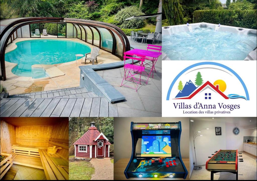 圣迪耶Villa 250m2 avec PISCINE chauffée & SPA & kota-grill & sauna的游泳池和房子的照片拼凑而成