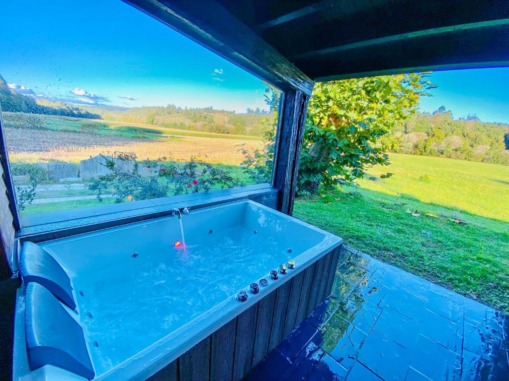 TroitosendeA Carballeira do Tambre的享有田野景致的窗户内的浴缸