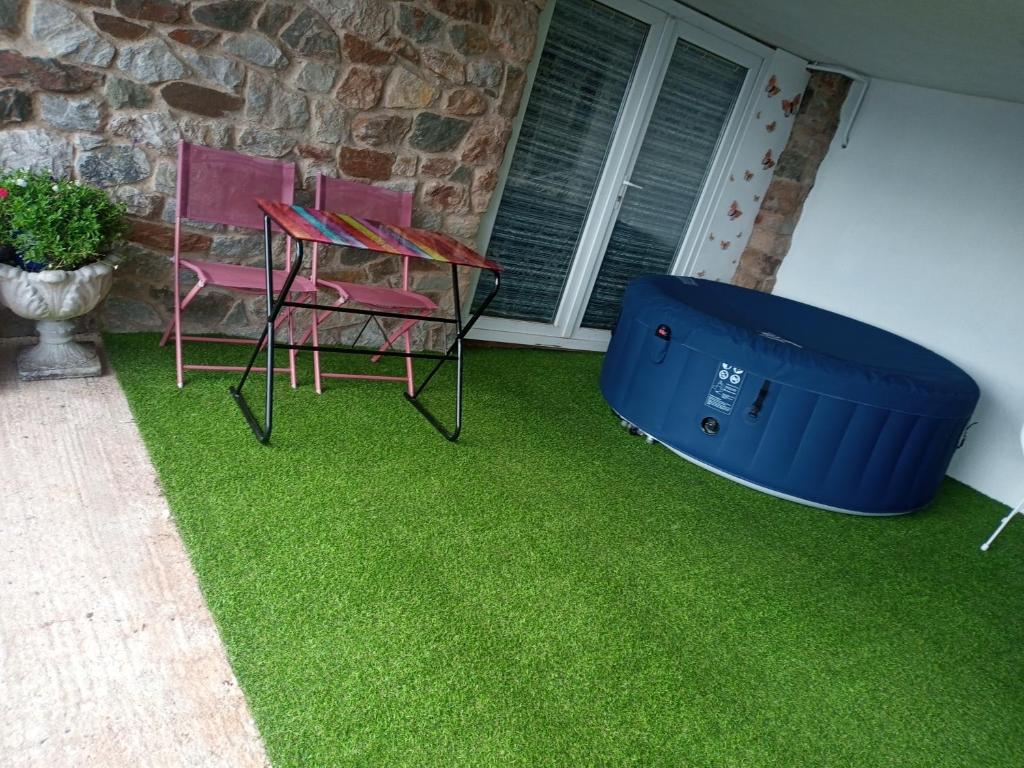StarcrossViolet Mays Haven的一个带绿草和两把椅子的庭院和一个浴缸