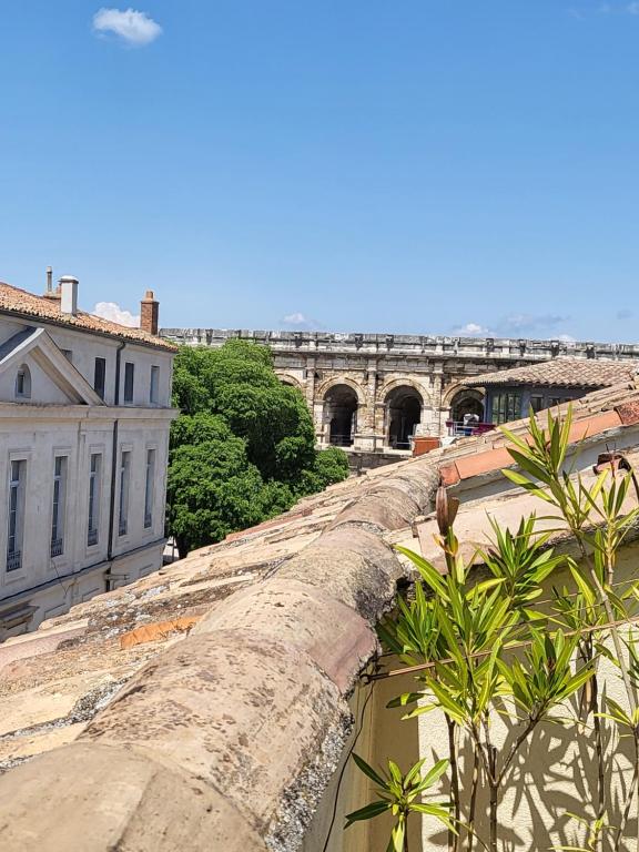 尼姆La Dolce Vita Nîmoise Terrasse 100 m des Arènes的从一座带桥梁的建筑的顶层欣赏美景