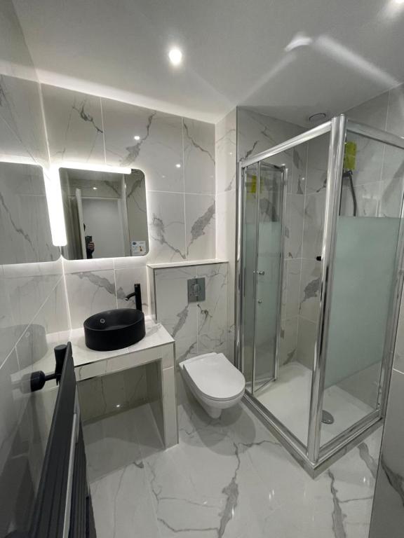 蒙特卡罗Monaco quartier Monte Carlo magnifique 2 pièces的带淋浴和卫生间的白色浴室