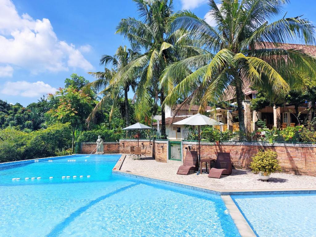 棉兰德利河酒店和欧兰达餐厅 的一个带两把椅子的游泳池以及一座房子