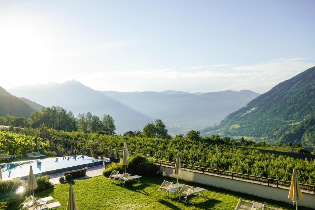 帕尔奇内斯Hotel Niedermair的享有山谷美景,设有游泳池和山脉