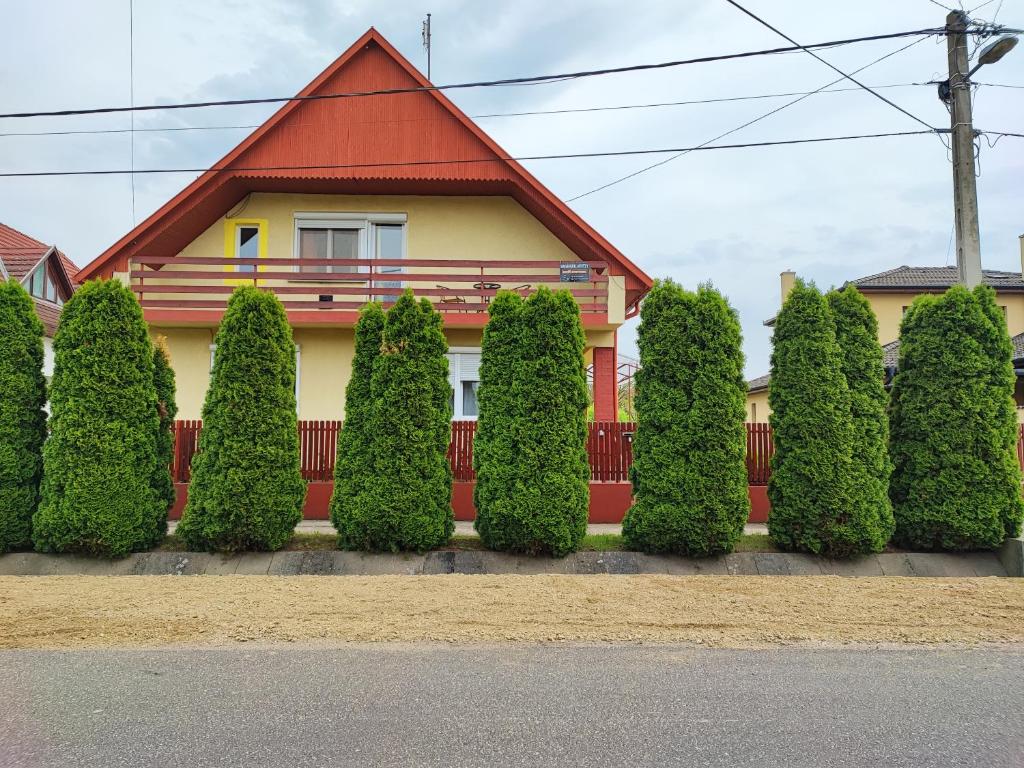豪伊杜索博斯洛Szaffi apartman的一座有红色屋顶和一束灌木的房子