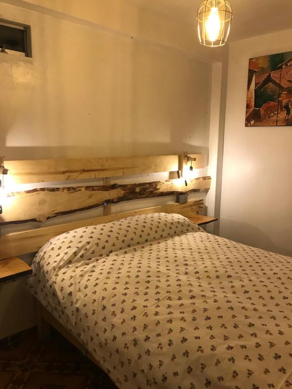 瓦拉斯Casa de Ana B&B的一间卧室设有一张床和木墙