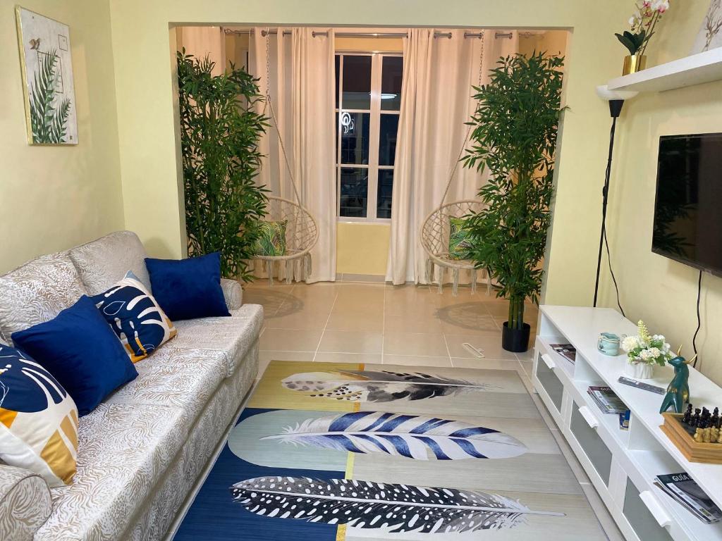 圣多明各Casa Apartamento Valentina的客厅配有沙发和蓝色枕头。