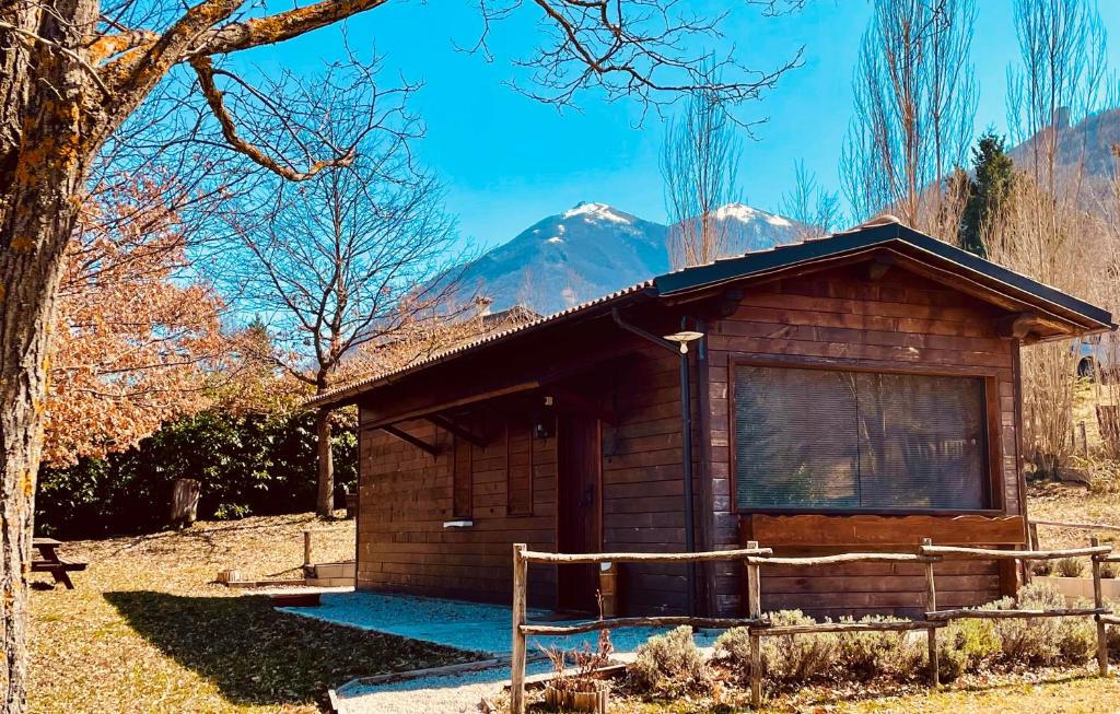 莱奥内萨Chalet Vacanze Il Daino的一座小木屋,其背景是一座山