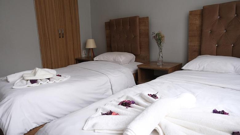 伊斯坦布尔BIG MOLLS HOTEL的两间带毛巾的床(位于酒店客房内)
