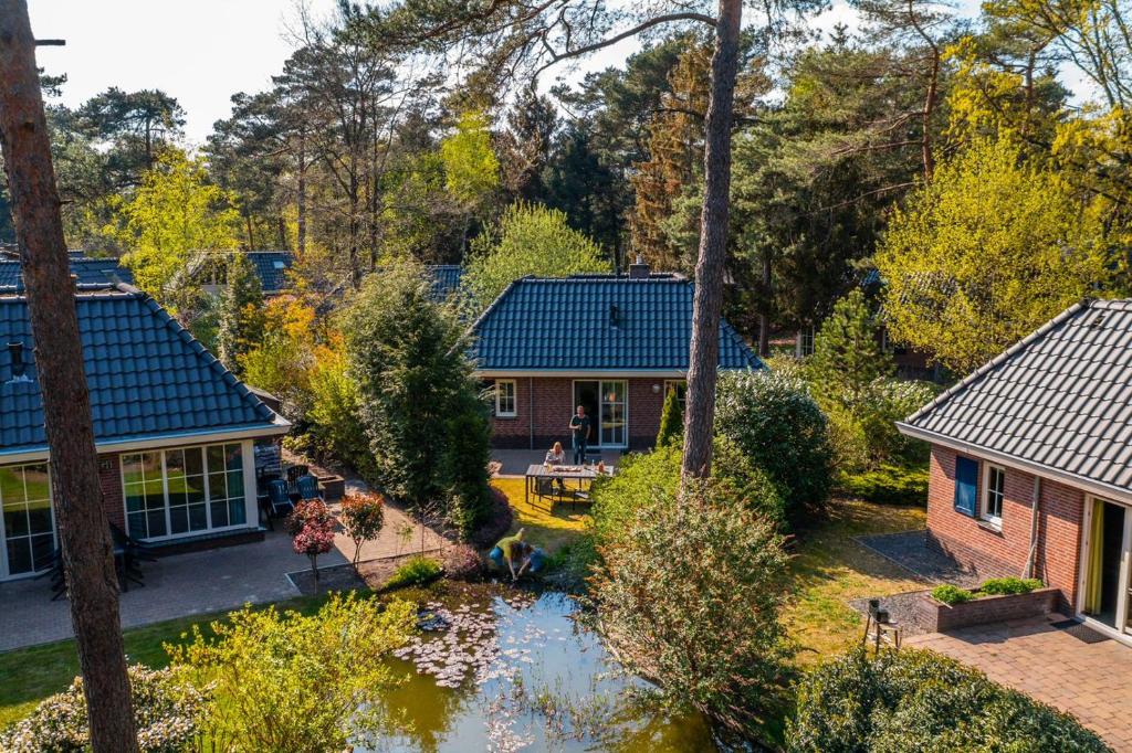 贝克贝亨EuroParcs Beekbergen的享有带池塘的房屋的空中景致
