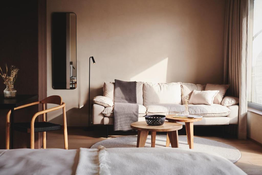 德意志兰茨贝格Boutiquehotel DAS ZEITWERT的带沙发和桌子的客厅