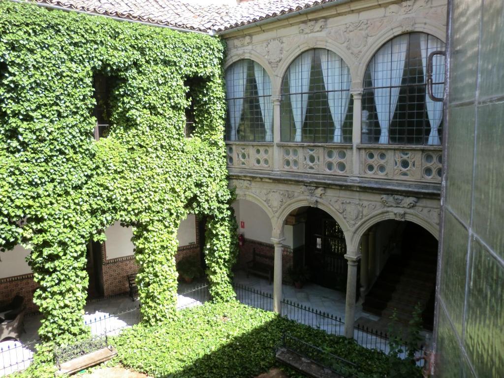 乌贝达拉马布拉宫廷酒店的常春藤覆盖的建筑,设有窗户和庭院