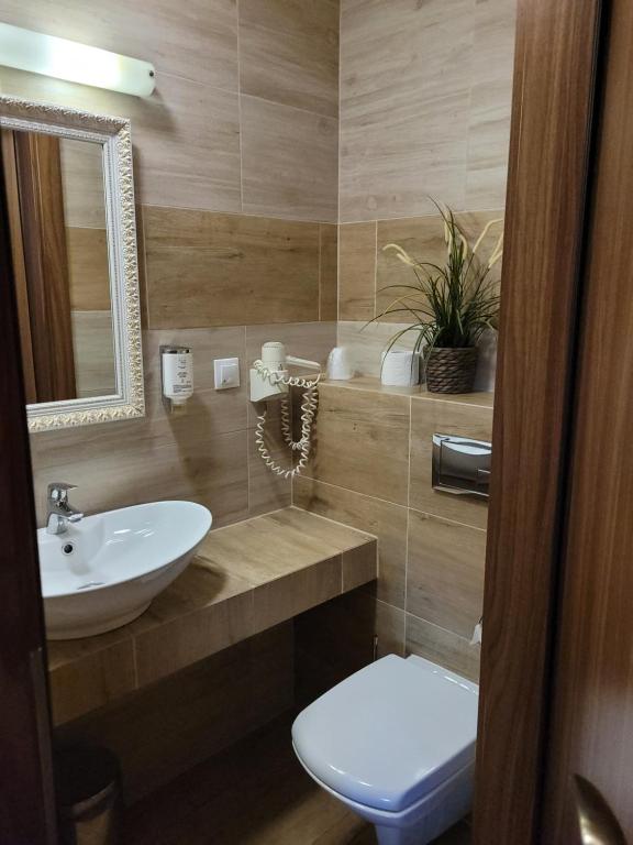 露米雅Virgo B&B Biznes Rumia的一间带水槽、卫生间和镜子的浴室