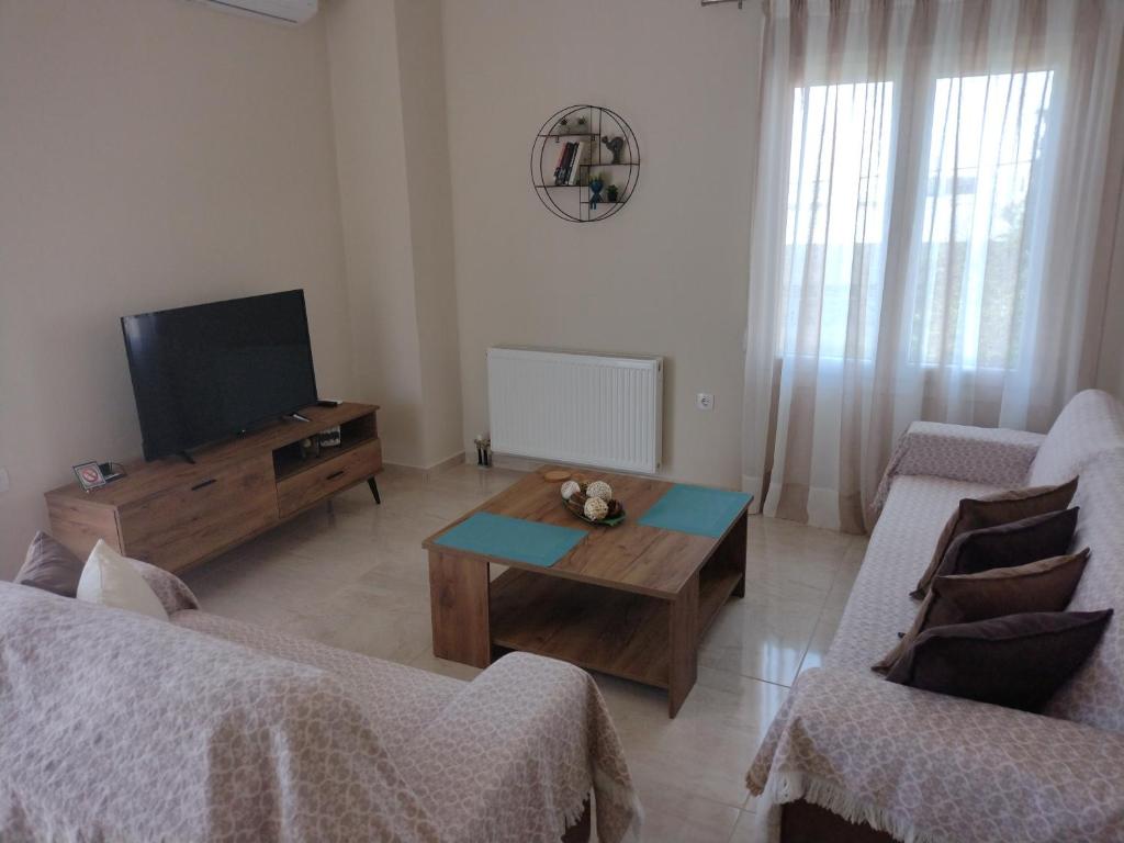 Melissátika"Thea" Valis Apartments的客厅配有电视和木制咖啡桌。