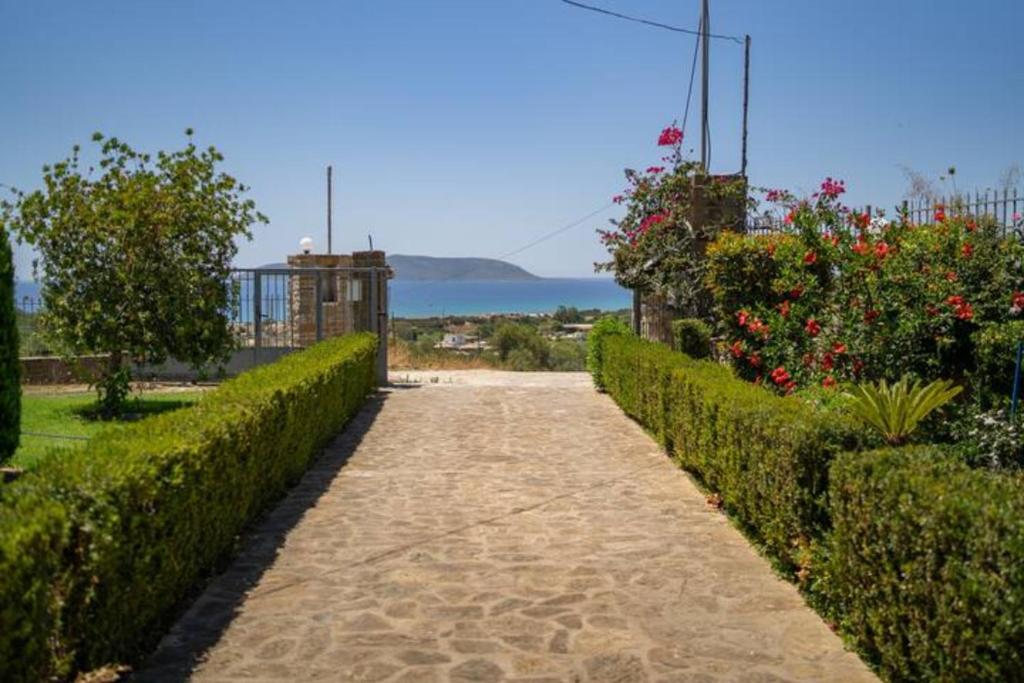 菲尼孔塔Donatos (Δονάτος)的穿过灌木和鲜花的花园的路径