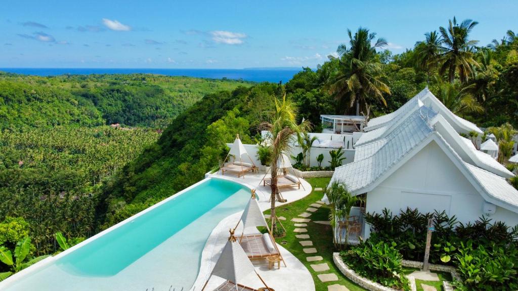 珀尼达岛Atalaya Villas Nusa Penida的享有带游泳池的别墅的空中景致