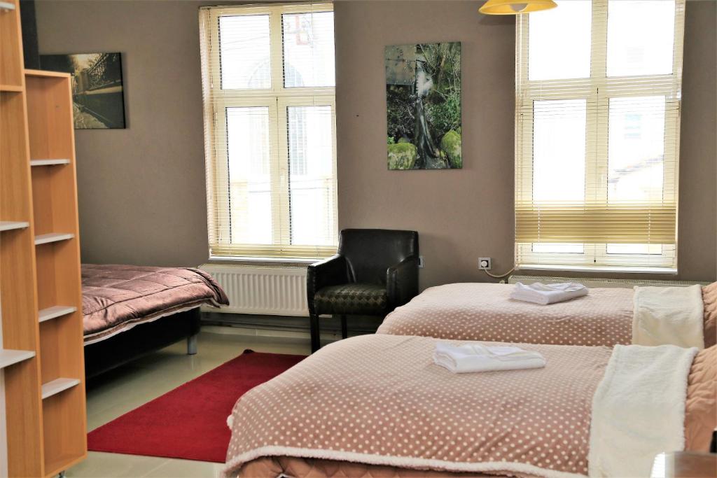 比托拉Vilas Ambasador Bratin Dol的客房设有两张床、椅子和窗户。