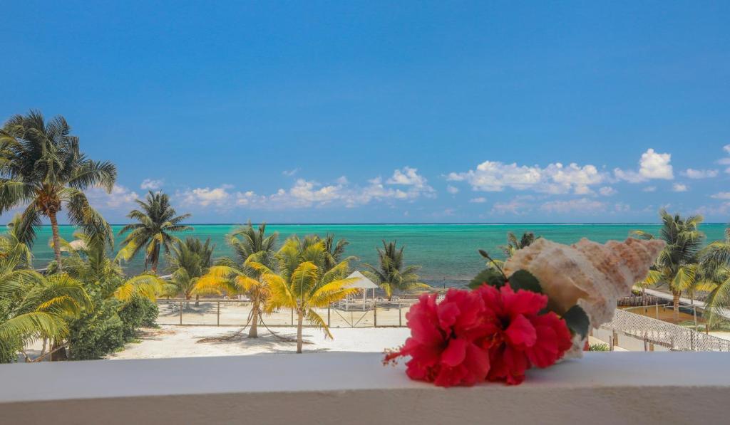 库尔克岛Treetops Hotel的从度假村的阳台上可欣赏到海滩景色