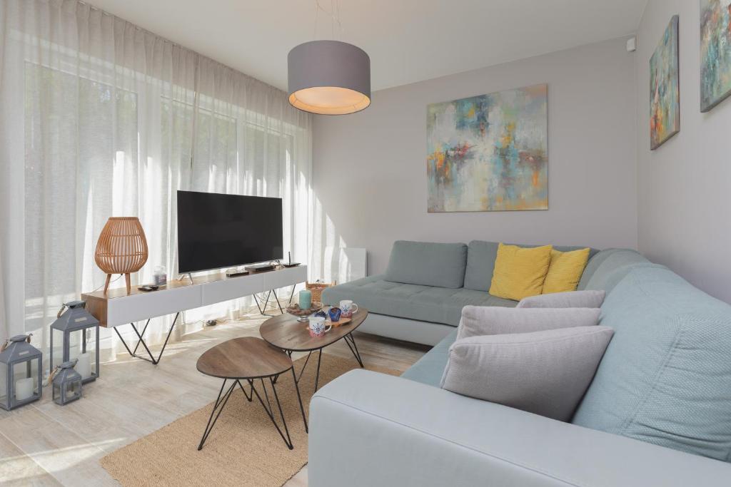 卢克钦Sunny Apartment Łukęcin by Renters的客厅配有蓝色的沙发和电视