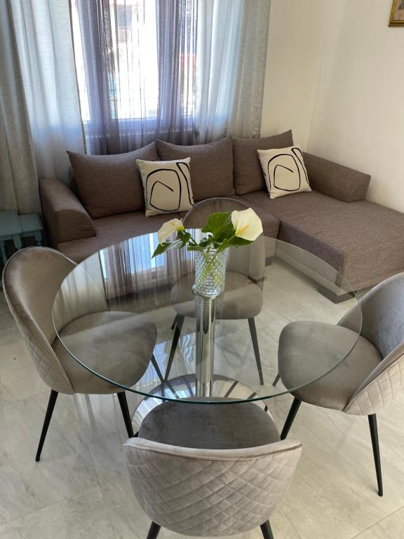 苏提万Apartman Luš的客厅配有玻璃桌和椅子