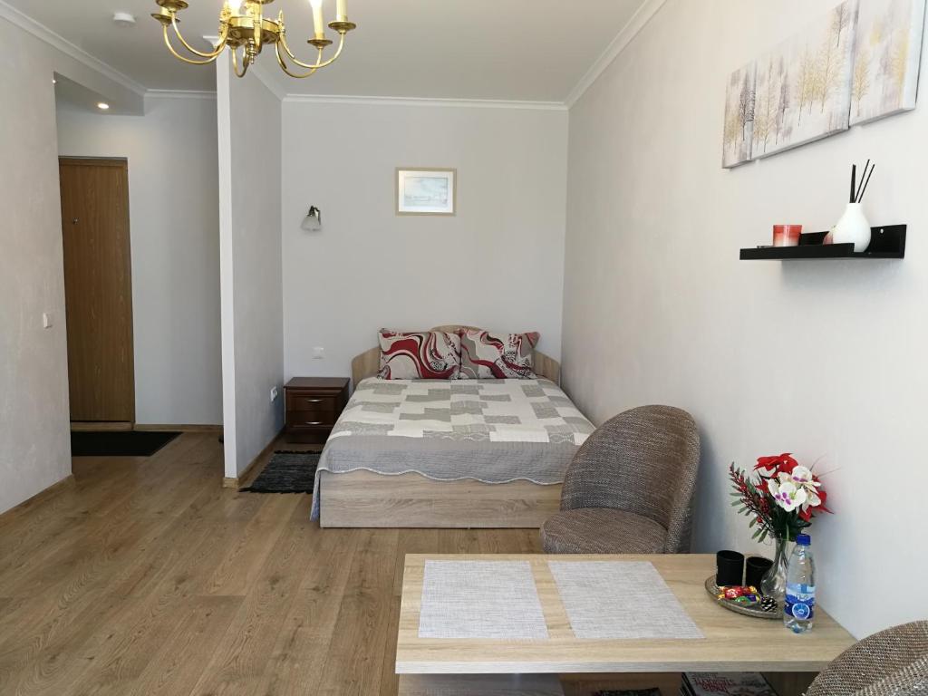 希奥利艾Šiauliai City Apartment的一间卧室配有一张床和一张桌子