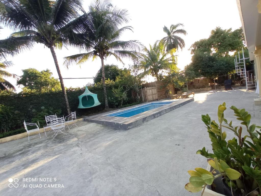 圣地亚哥洛斯卡巴Paraiso Hortensia Ecolodge的棕榈树庭院内的游泳池