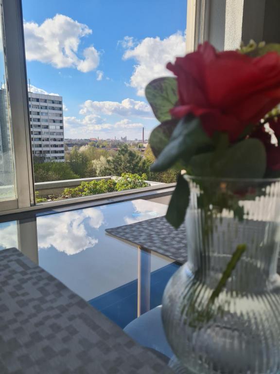 奥格斯堡Apartment am Eiskanal的花瓶,花朵红色,坐在桌子上