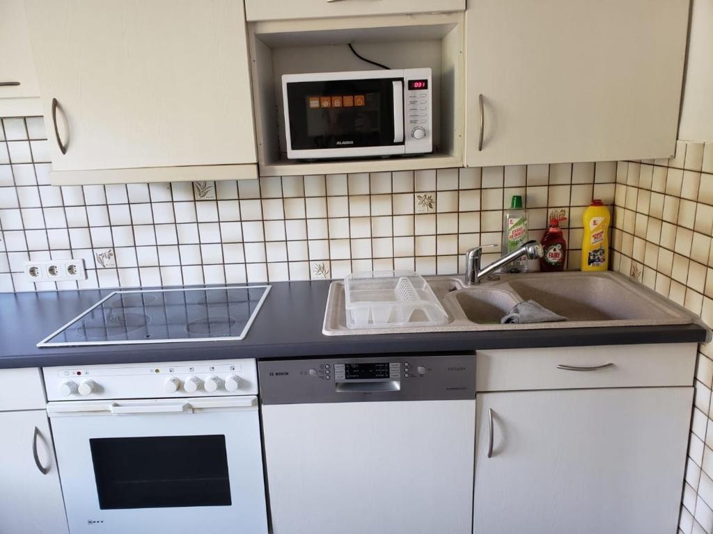 布拉河畔的海登海姆Ferienwohnung - a68322的厨房配有水槽和微波炉
