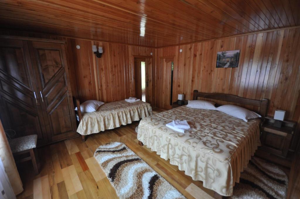 CosteştiCabana Sargetia的木制客房内的一间卧室配有两张床
