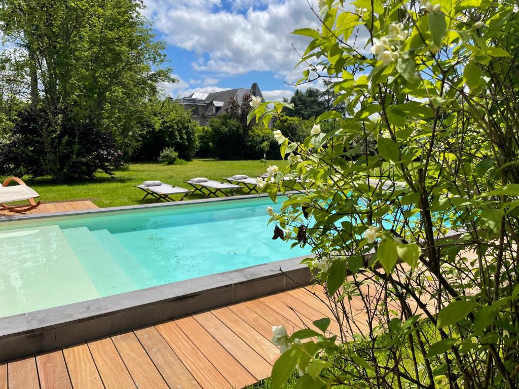 讷维克VILLA MURA gite luxe avec piscine et spa campagne et grand air nouvelle Aquitaine Corrèze的一个带木甲板的庭院内的游泳池