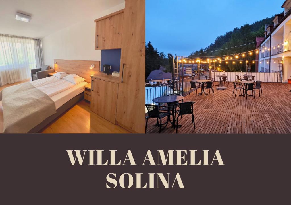 索利纳Willa Amelia的酒店客房设有一张床和一个带桌椅的阳台