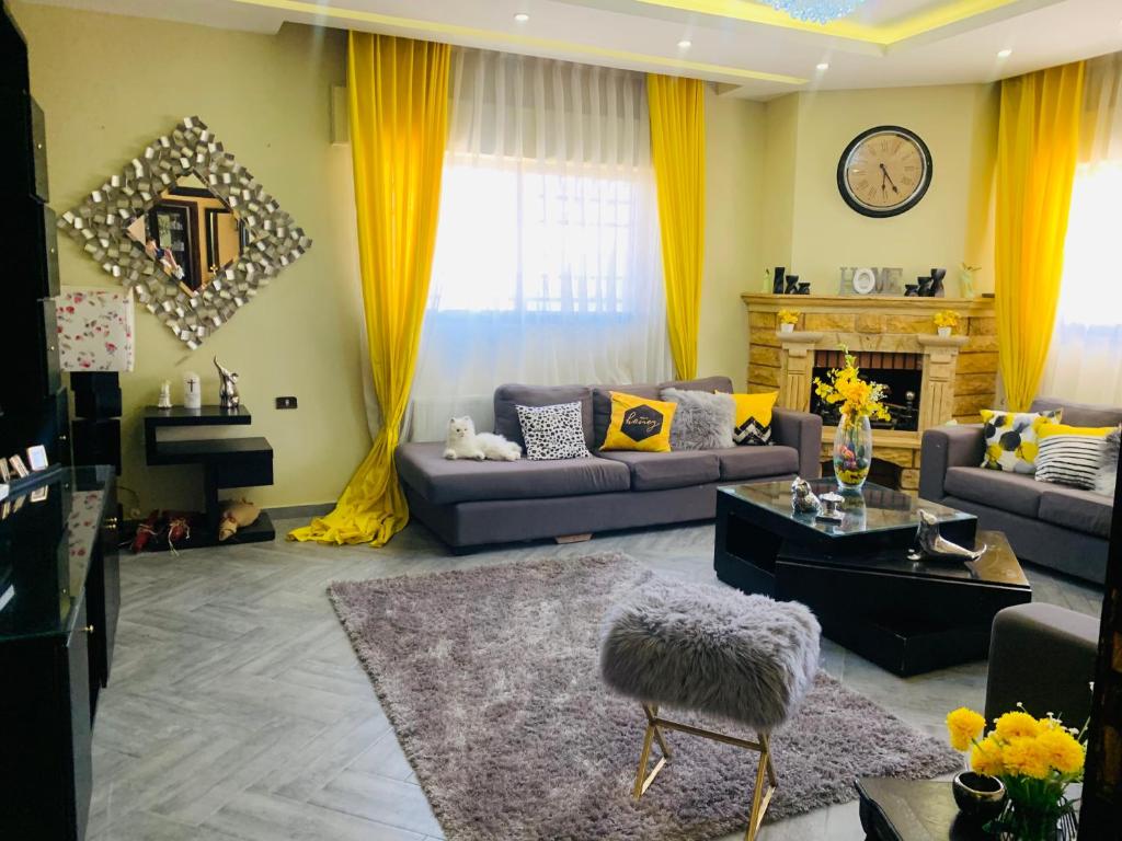 马达巴Laura’s Modern Villa的带沙发和壁炉的客厅