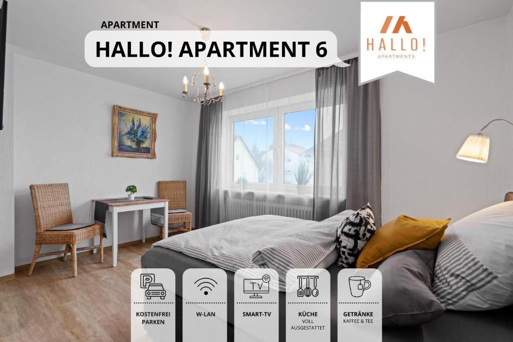 巴特沃里斯霍芬Gemütliche Ferienwohnung in bester Lage l Innenstadtnähe l 1 Minute zum Bahnhof l Küche l TV l Free-WLAN l Willkommen im Hallo!-Apartment 6的一间卧室,配有一张床和一个可读出大厅公寓的标志