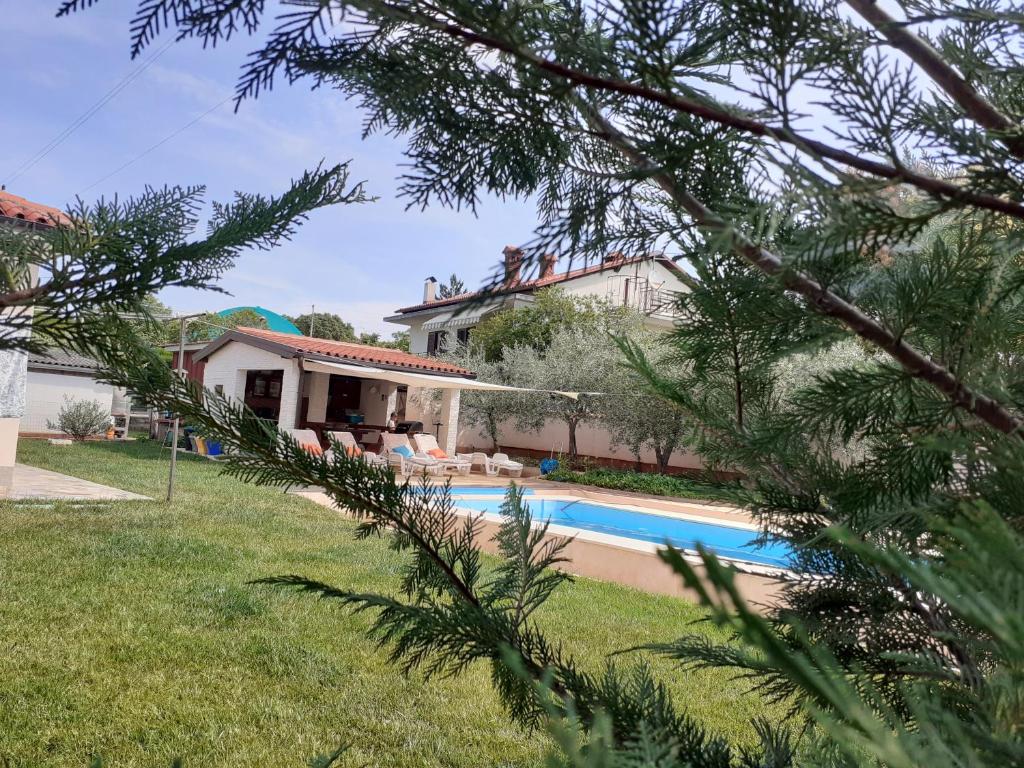 乌马格Apartments Morje的庭院中带游泳池的房子