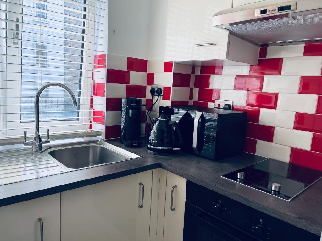 伦敦Central London stylish newly decorated studio flat的厨房设有水槽和红色及白色瓷砖