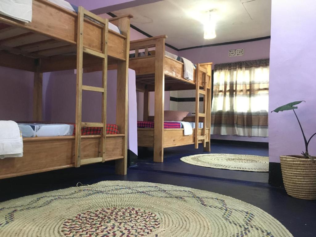 姆托瓦姆布Ava garden backpackers的一间设有两张双层床和地毯的房间