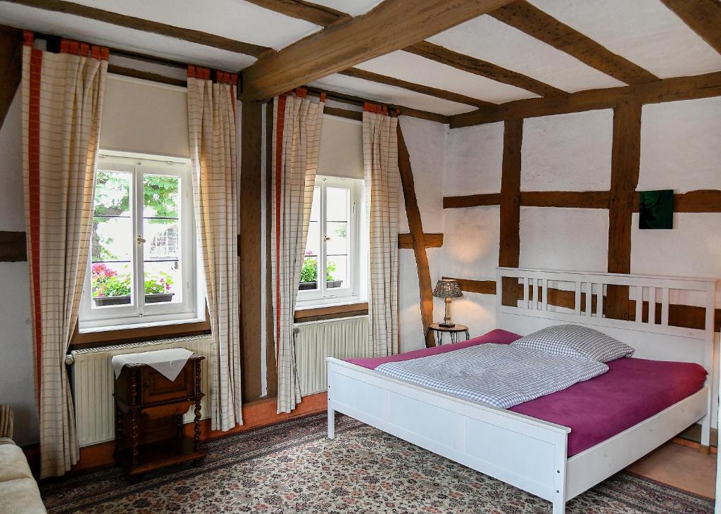 施泰瑙安德斯查瑟Burgmannenhaus的卧室配有白色的床和2扇窗户。